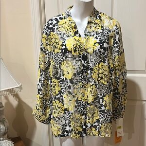Ruby Rd Vibrant Yellow and Blue Notched Collar Blouse